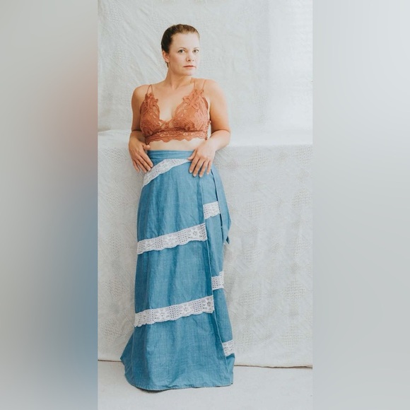 Dresses & Skirts - Denim wrap skirt with crochet detail, one size